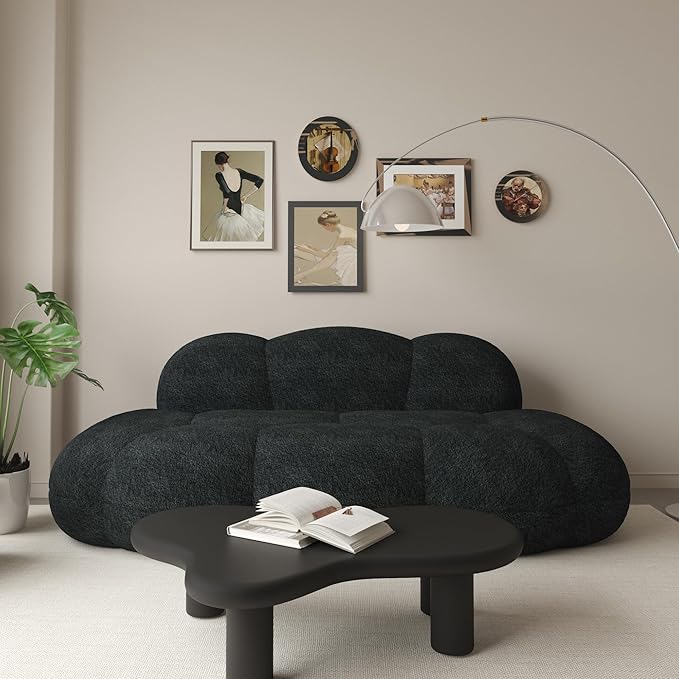 Cloud Shaped Floor Couches for Living Room 90 Curved Boucle Sofa Comfy Compressed Couch Deep Seat Loveseat Sofa for Bedroom Apartment Small Space (Black No Installation)