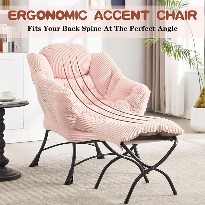 Lazy Chair with Ottoman &amp Storage Pocket Reading Chair for Bedroom Living Room Small Space Comfy Lounge Chairs Steel Frame Oversized Ergonomic Corduroy (Pink)