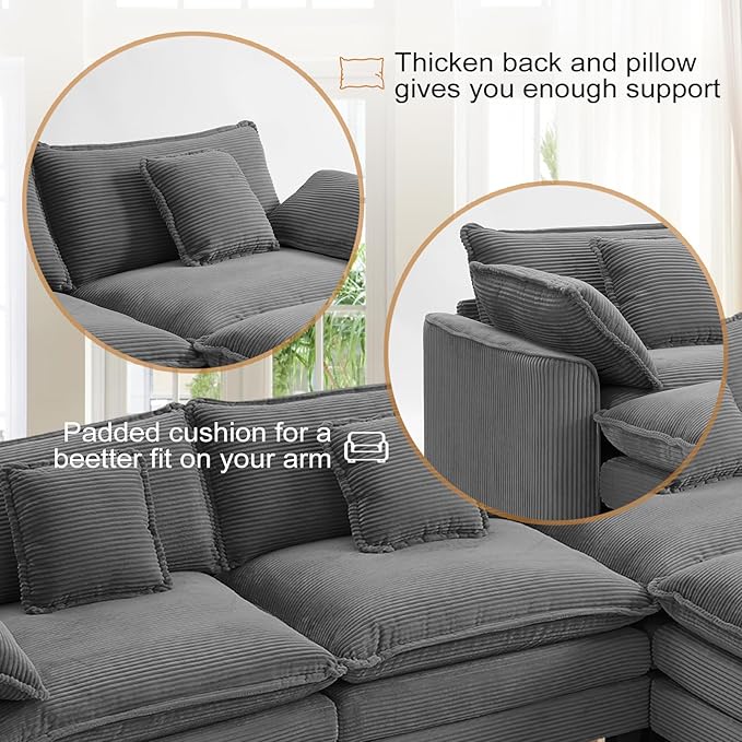 Furniliving Oversized Accent Chair with Ottoman Luxury Corduroy Single Sofa Upholstered Deep Seat Chaise Lounge with Pillows for Living Room Bedroom Apartment Grey