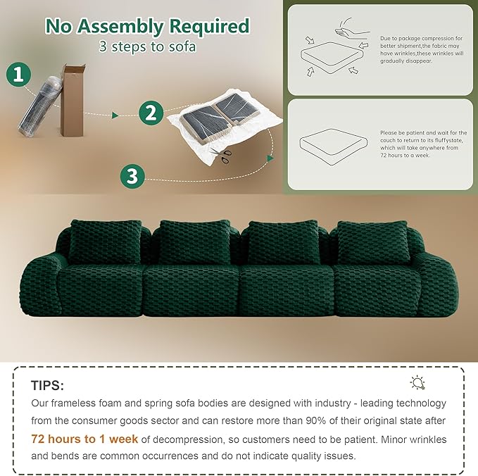 Cloud Sectional Couches for Living Room Boneless Couch Modular Sectional Sofa Modern Deep Seat Sofa with Pillows 4 Seater Comfy Floor Couch for Bedroom No Assembly RequiredGreen
