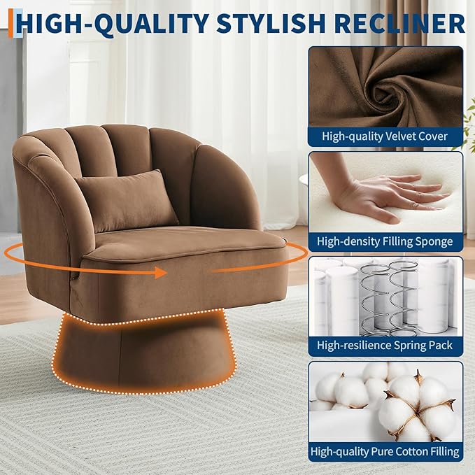 GarveeHome Modern Swivel Barrel Accent Chair 360 Degree Velvet Upholstered Armchair with Striped Backrest &amp Plush Padding Comfy Round Lounge Chair for Living Room Bedroom Reading Nook Brown 2