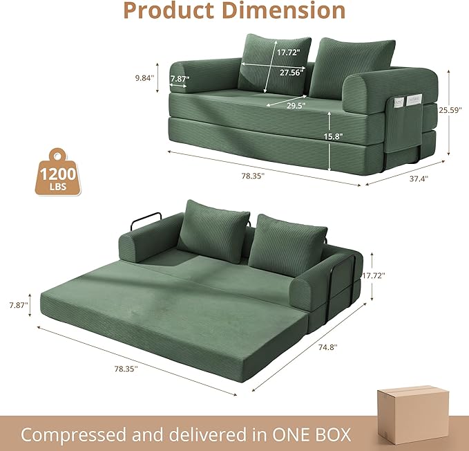 4-in-1 Folding Convertible Sofa Bed 78 Inch Oversized Corduroy Loveseat Sleeper with Pull Out Bed Boneless Futon Couch for Living Room Bedroom No Assembly Needed Green