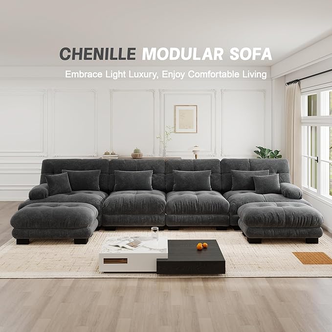 173.2'' Sectional Couches for Living Room Memory Foam Chenille Cloud Couch Round Arm Deep Seat U Shaped Couch Sofa with Pillow and Ottoman