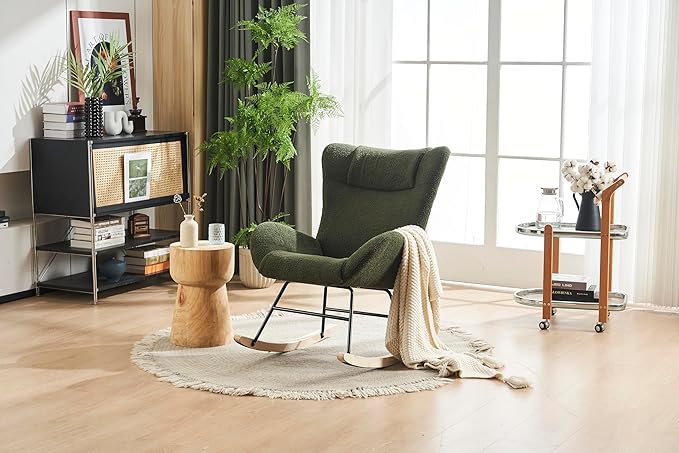 Rocking Chair Nursery Solid Wood Legs Reading Chair with Teddy Fabric Upholstered Nap Armchair for Living Rooms Bedrooms Offices Best GiftGreen Teddy Fabric