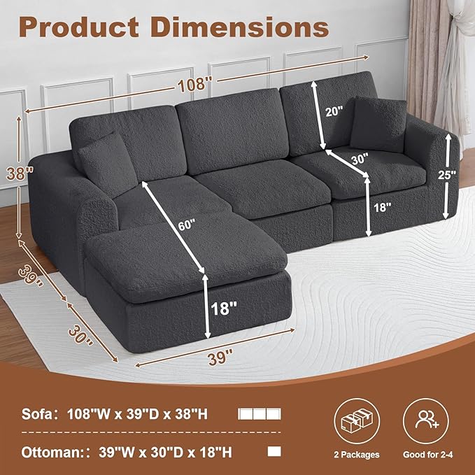 Cloud Couch Sectional 108” Modular Sectional Sofa with Ottoman Modern L-Shaped Couch with Deep Seat Boneless Couches for Living Room No Assembly Required (Snow Grey)