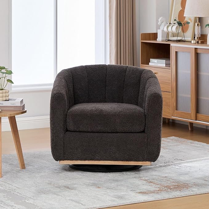 32 W Swivel Barrel Chair Boucle Chenille Accent Chair Upholstered Tufted Club Armchair Single Sofa Chairs with Metal Base for Living Room Family Room Bedroom Lounge Area Office (Charcoal)