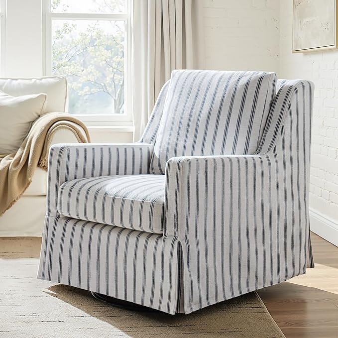 HULALA HOME Swivel Rocker Chair Farmhouse Swivel Rocking Accent Chair with Washable Slipcover Striped Fabric Barrel Armchair with Down Filled Cushions Navy