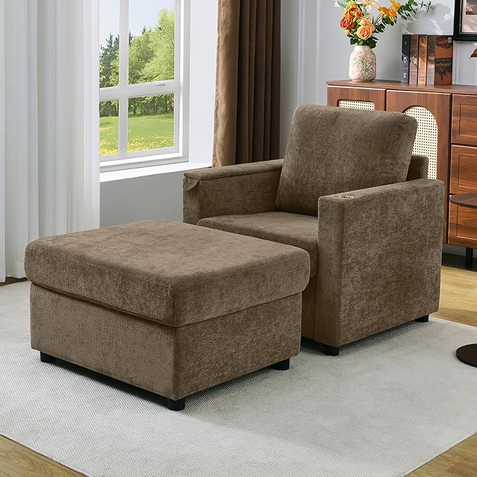 Modern Accent Chairs with Storage Ottoman Set Chenille Reading Armchair with Tray Table and Charging Ports Comfy Chaise Lounge Chair for Living Room Bedroom Reading Nook Brown