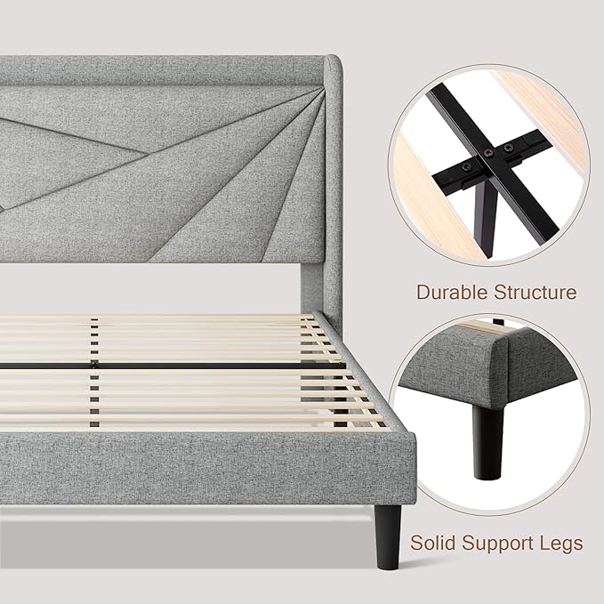 Full Size Upholstered Bed Frame with Charging Station Platform Bed Frame with Storage Headboard Solid Wood Slats Support No Box Spring Needed Light Gray