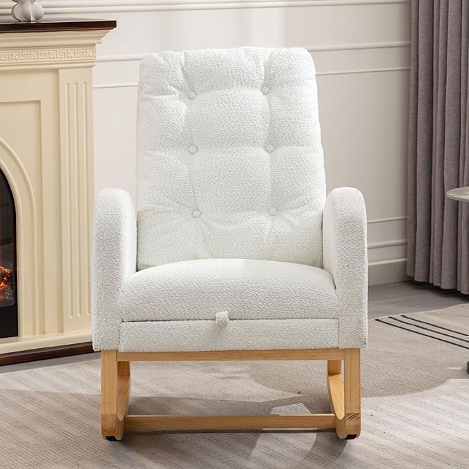 Modern Nursery Rocking Chair with Footrest High-Back Reading Chair Versatile Accent Lounge Chair with Storage Pocket Upholstered Glider for Bedroom Living Room