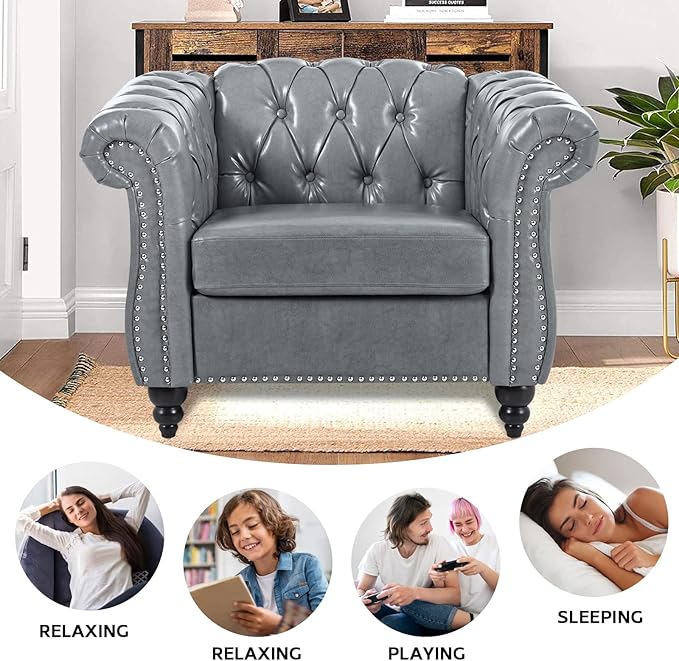 Gray Chesterfield Accent Chair Faux Leather Upholstered Tufted Wingback Club Chair Mid-Century Modern Living Room Chair with Sturdy Wood Frame Comfy Oversized Armchair for Bedroom Office