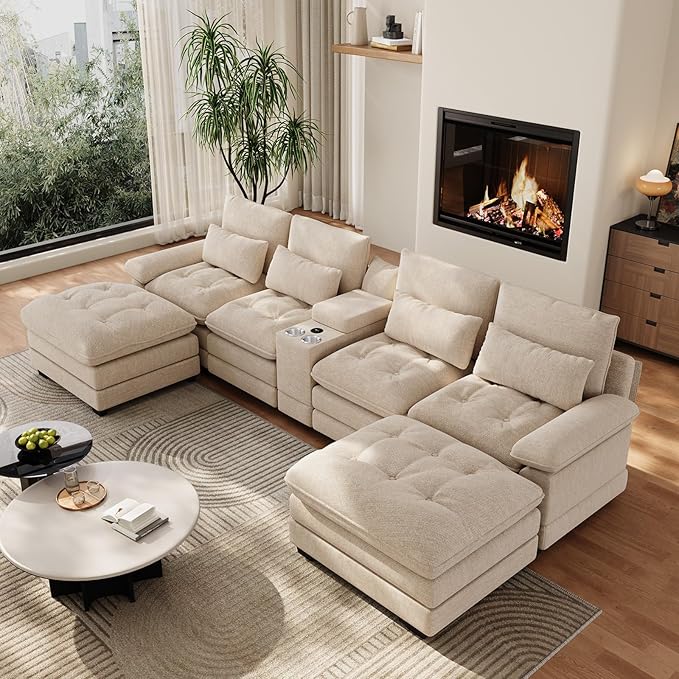 134U Shaped Sectional Couches for Living Room Oversized Modular Sectional Fluffy Couch with 2 Ottoman &amp Storage ConsoleModern 6 Seat Living Room Sofa with Glitter FabricTufted Buttons Camel