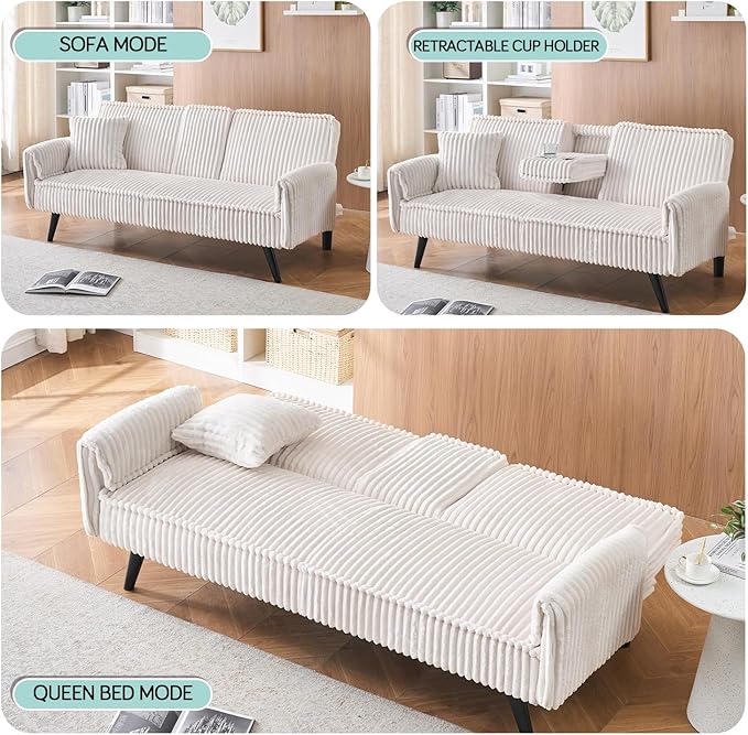 Convertible Folding Futon Sofa Bed with Metal Legs &amp 2 Cupholders Modern New Upholstered Couch Loveseat Sleeper Folding Couches Bed Removable Armrests for Small Spaces (White New)