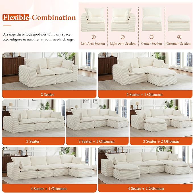 110 Sectional Couches for Living Room Boneless Couch Upholstered Cloud Couch Sectional Modular Sectional Sofa with L Shaped (Corduroy-White 3 Seat+2 Ottoman)