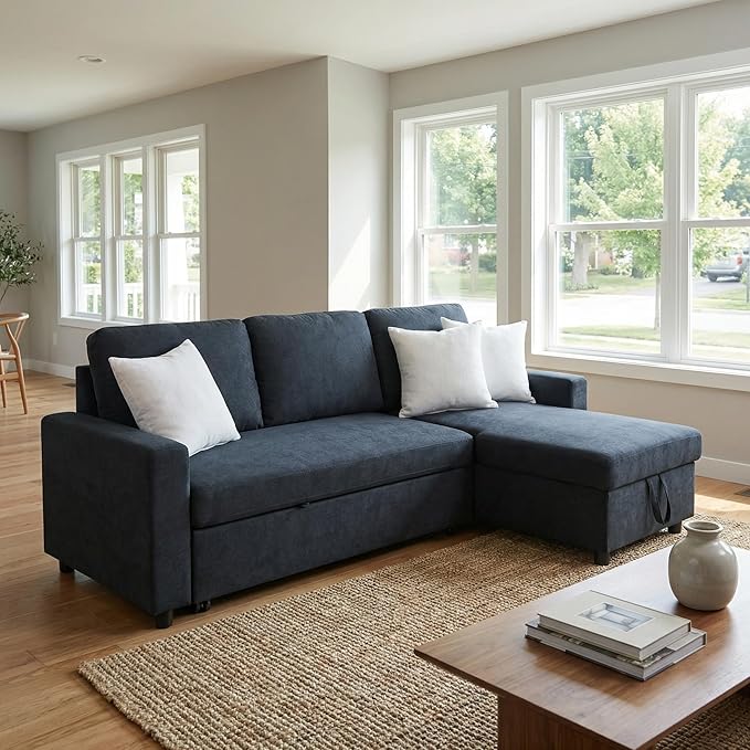 Queen Sleeper Sofa 83 Inch Convertible Sofa Bed with Storage Modular Sectional Couch with Pull Out Bed L Shaped 3 Seat Sectional Sleeper Sofa for Living Room Apartment Black