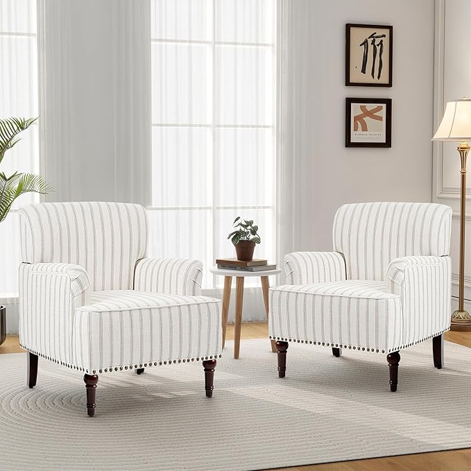 Accent Chair Mid Century Modern Comfy Armchair for Living Room Linen Fabric Single Sofa Lounge for Reading Bedroom Apartment Waiting Room with Wood Legs (Pinstripe Light Brown Set of 1)