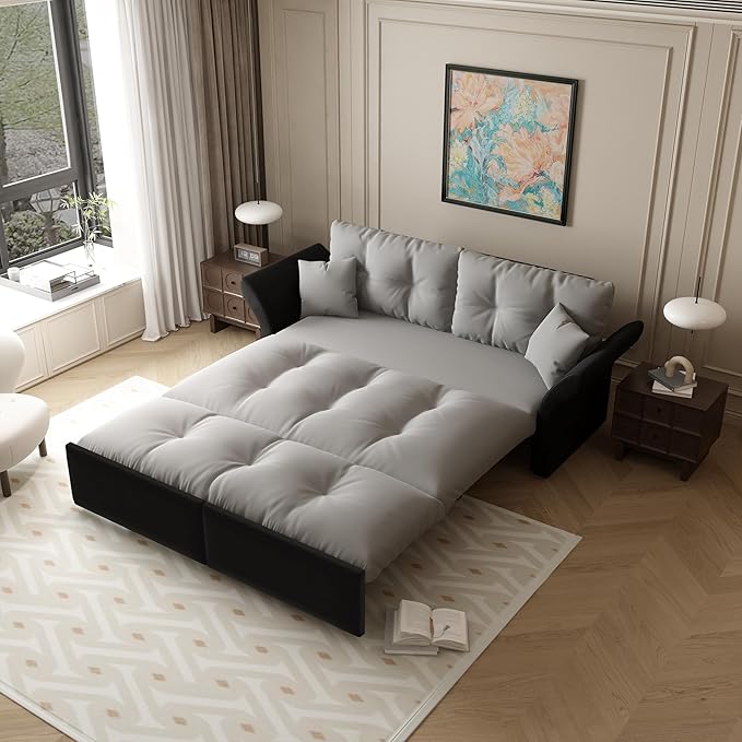 74.8‘’ Velvet Queen Pull Out Sofa Bed with 2 Pillows 3-in-1 Convertible Loveseat Sleeper Sofa Couch with Armrest Space Saving for Living Room Apartment Gray