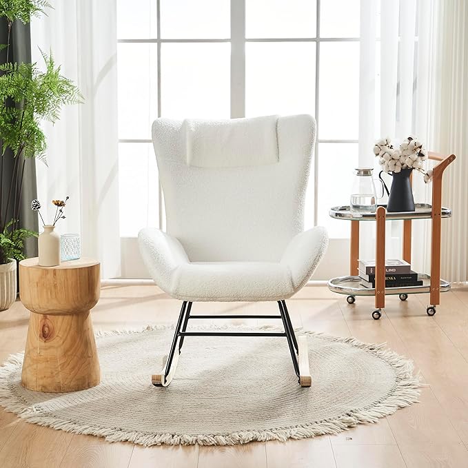 Rocking Chair Nursery Solid Wood Legs Reading Chair with Teddy Fabric Upholstered Nap Armchair for Living Rooms Bedrooms Offices Best GiftWhite Teddy Fabric