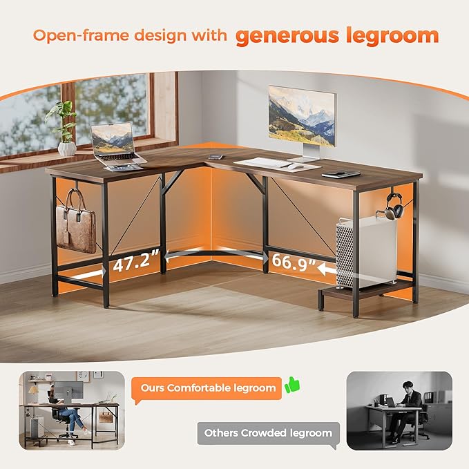 Mericonia 66 inch Large L Shaped Desk Simple Corner Gaming Desk with CPU Stand &amp Hooks Computer Desk for Home Bedroom &amp Office Workspace Walnut