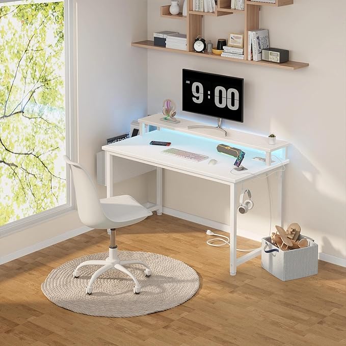 Lufeiya Small White Desk with LED Lights and Power Outlets 32 Inch Home Office Computer Desks with Monitor Stand Teen Writing Study Table Gaming Desk with Charging Station White