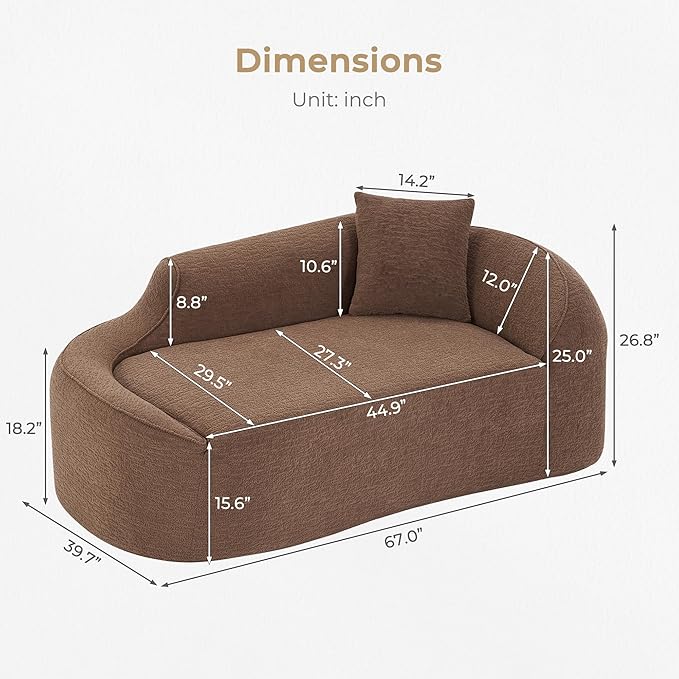 68 Curved Loveseat Sofa Modern Chenille Floor Couch with Pillow No Assembly Deep Seat Chaise Lounge for Bedroom Apartment Living Room Brown
