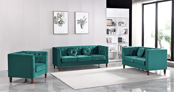 Kittleson Classic Chesterfield Velvet Sofa with Elegant Button Tufted Backrest Square Legs High-Density Foam &amp Accent Pillows 3 Seater Couch for Living Room Sofa Green