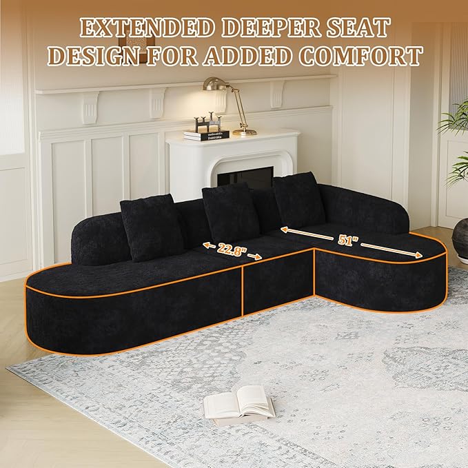 Oversized Sectional Sofa with Right Chaise 111 Modern Luxury Lychee-Textured Long-Pile Extra Wide Seat L-Shape Curved Cloud Boneless Couch for Living Room Apartmen No Assembly Black
