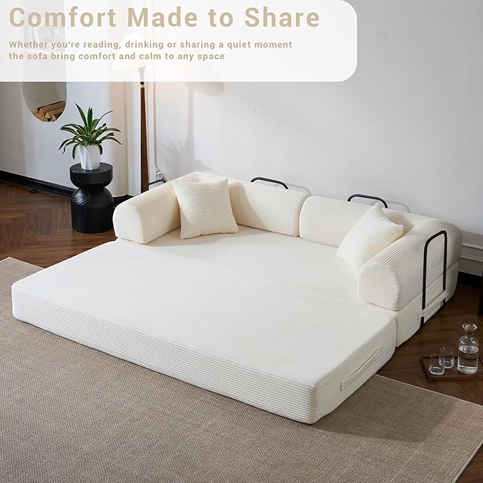 Compressed Sofa Convertible Sofa Bed Corduroy Compression Boneless Couch with Pillow Comfy Modular Foldable Floor Sleeper Sofa for Bedroom Living Room Lounge Studio (White)
