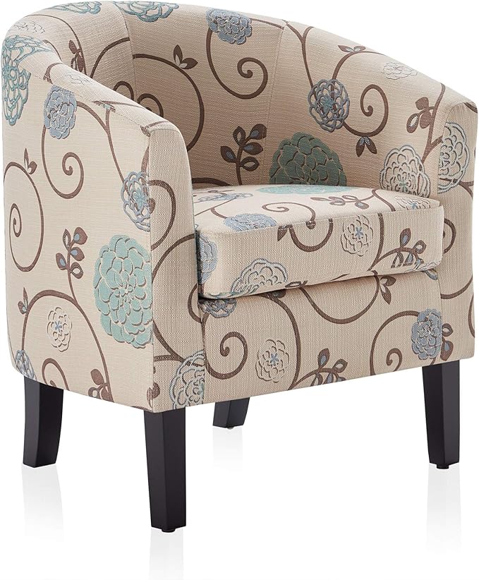 BELLEZE Living Room Chair Linen Round Accent Barrel Chair Club Tub Sofa Chair for Bedroom Corner Chair with Flared Legs and Cozy Soft Padding - Highland (Floral Print)