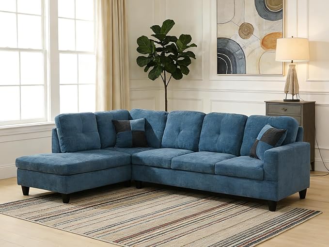 103.5 Inch Modern L-Shaped Couch Flannel Sectional Sofa with Chaise Lounge 4-Seater Couch with Accent Pillows for Living Room Apartment Dark Blue