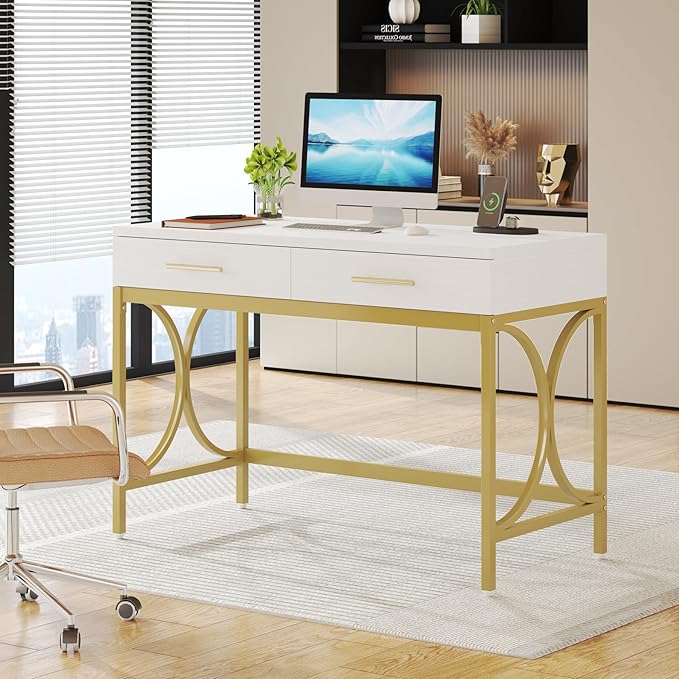 Tribesigns Modern Computer Desk with 2 Drawers Set of 2 41 Inches Study Writing Office Desk for Home Office Bedroom Makeup Vanity Table Desk with Gold Metal Frame White &amp Gold