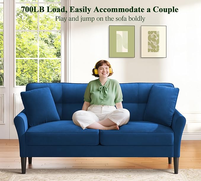 Loveseat Sofa 69 Love Seat Couches Comfy Velvet Small Sofa Couch for Bedroom with 2 Pillows Tool-Free Setup Sofas &amp Couches 700lb Load Sofas for Living Room Mini Couch for Bedroom Blue Couc