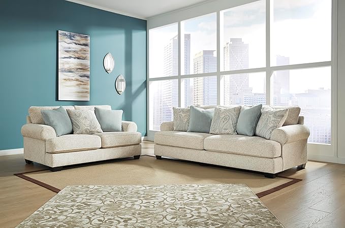 Signature Design by Ashley Monaghan Vintage Sofa with Accent Pillows Reversible Cushions and Rolled Arms Beige