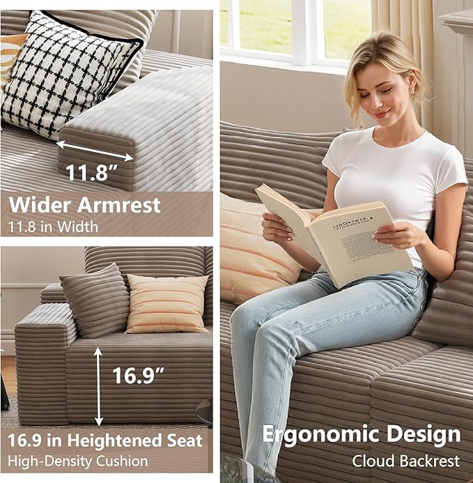 135.4 Cloud Sectional Couch with L-Shape Chaise Modern Corduroy Boneless Deep Seat Sofa 4-Seater Modular Sleeper Couch for Living Room Bedroom Apartment No Assembly (Camel Right-Facing Chaise)