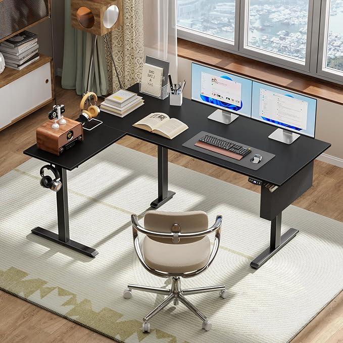 L Shaped Electric Standing Desk63 Inch Adjustable Height Sit to Stand Corner Desk with Memory Presets Reversible Computer Table for Home Office Work and Study Black