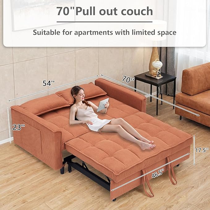 3 in 1 Convertible Sleeper Sofa BedFuton Pull Out Couch with Adjustable BackrestVelvet Fabric Loveseat Sofa with Side Pocket for Bedroom Living Room (Orange)