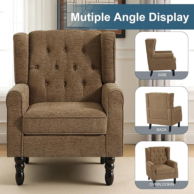 Accent Chairs Set of 2 High Back Upholstered Chair with Button Tufted Mid-Century Modern Comfy Wingback Chair Reading Armchair in Fabric for Living Room for Bedroom Office-Brown