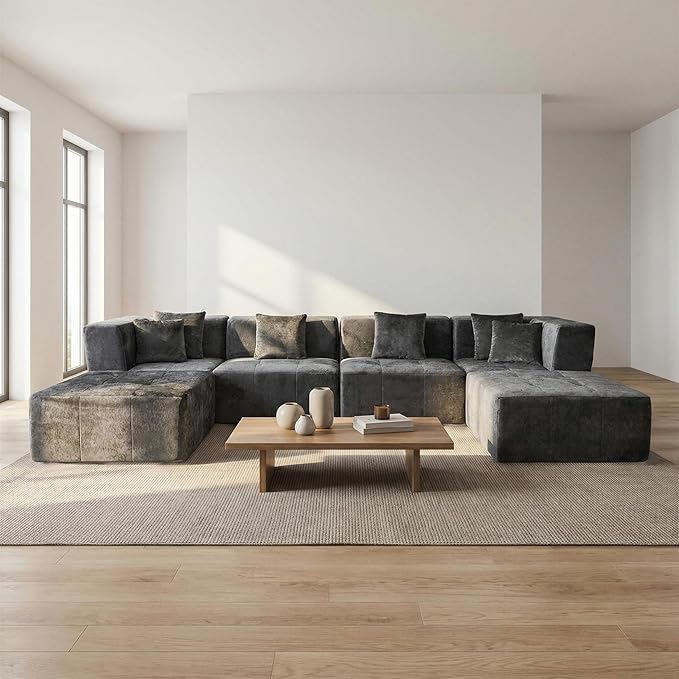 · REDEARTH · 6-Seater Modular Velvet Sectional Sofa No-Assembly U-Shaped Compressed Couch in Box with Ottoman Boneless Modular System in Plush Velvet for Living Room (4-Seater + 2-Ottoman)Dark Gray