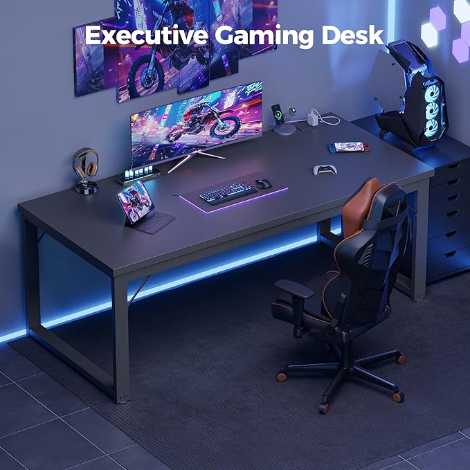 Mericonia 54 Inch Computer Desk with Power Outlets 1.2 Thick Heavy Duty Industrial Office Desk Modern Simple Study Writing Table for Home Office Bedroom Workstation Black