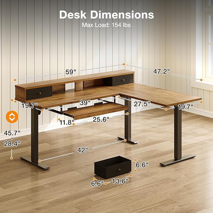 Casaottima 59 Inch Electric L-Shaped Standing Desk with Drawers Height Adjustable Stand Up Corner Desk with Monitor Stand &amp Keyboard Tray Lift Table for Home Office Workstation Rustic Brown