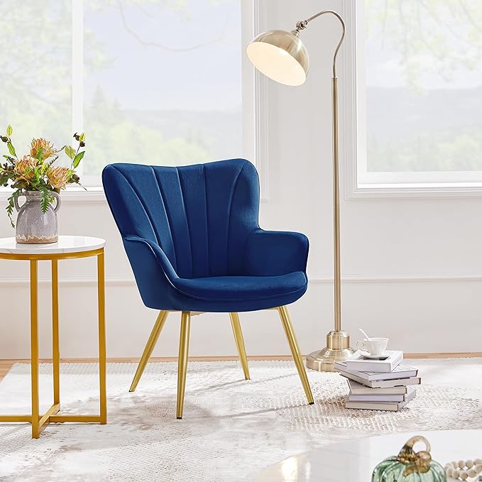 Topeakmart Velvet Accent Chair Modern and Mid Century Barrel Chair Makeup Chair with Soft Padded and High Back for Living Room Bedroom Dressing Room Home Office Blue