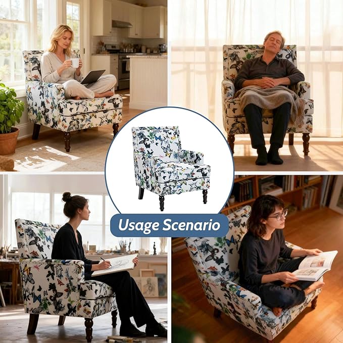 Butterfly Accent Chair Floral Print Armchair for Living Room Bedroom Cute Upholstered Reading Chair for Small Space Cotton Fabric with Solid Rubberwood Legs（Butterfly）