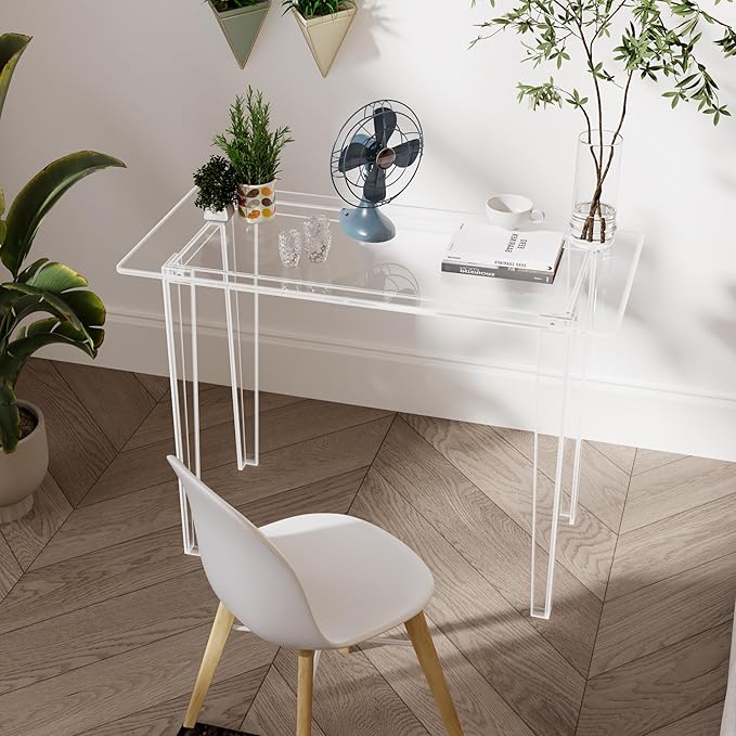 Acrylic Desk Acrylic Table &amp Clear Desk - Modern Home Office Study Table Extended Surface Multi-Purpose Console Sturdy Lightweight for Small Spaces Transparent Workstation (Transparent-M)