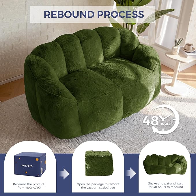 MAXYOYO Bean Bag Chair for Adults Loveseat Floral Shaped Bean Bag Sofa Ultra Soft Love Seat Mini Sofa Couch Faux Fur Reading Chair for Living Room Bedroom Green