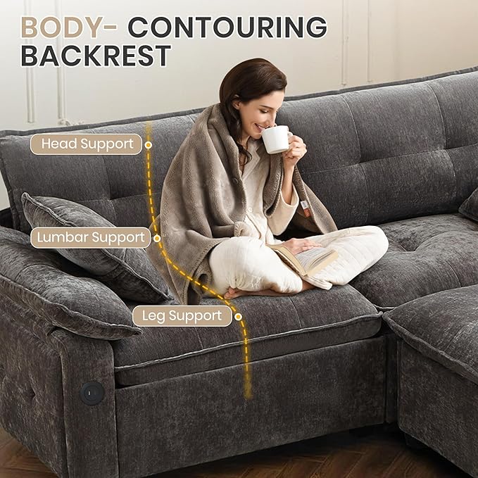 89'' L Shaped Modern Sofa Modular Sectional Cloud Couch with Ottoman Comfy Chenille Deep Seat Sofa with Throw Pillows/USB 2 Seater Couch for Living Room for Living Room Office and Apartment