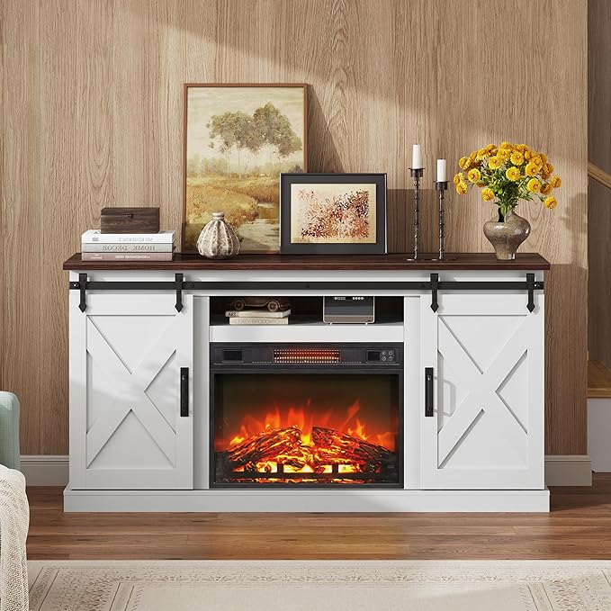 WLIVE Farmhouse Electric Fireplace TV Stand for TVs up to 65 Entertainment Center with Sliding X-Shaped Barn Door &amp Storage Cabinet Media TV Console with 23 Fireplace for All Seasons White