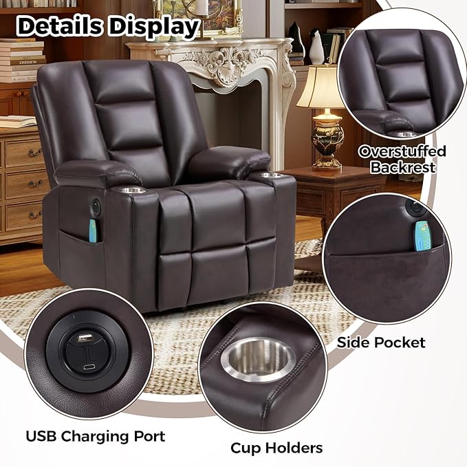 Power Lift Recliners with Massage and Heat for Elderly Electric Lifting Recliner Chair with Cup Holders &amp USB Port Faux Leather Reclining Sofa with Side Pocket for Living Room Brown