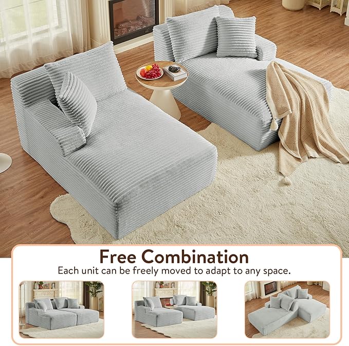 Oversized Double Chaise Lounge Chair Indoor Fluffy Upholstered Corduroy Sofa Bed with Throw Pillows Comfy Sleeper Deep Seat Sectional Loveseat Sofa Couch for Living Room (Light Gray)