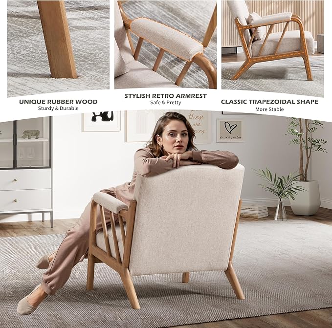 INZOY Accent Chairs Set of 2 Mid Century Modern Accent Chair with Wood Frame Upholstered Reading Armchair with Soft Linen Fabric Accent Chair for Living Room Bedroom Apartment Easy Assembly Beige