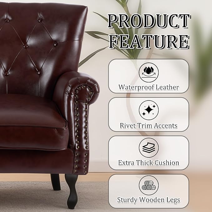 Modern Faux Leather Accent Chair Upholstered Mid-Century Armchair with Solid Wood Legs Single Sofa Chair for Living Room Bedroom or Reading Room（Reddish Brown）